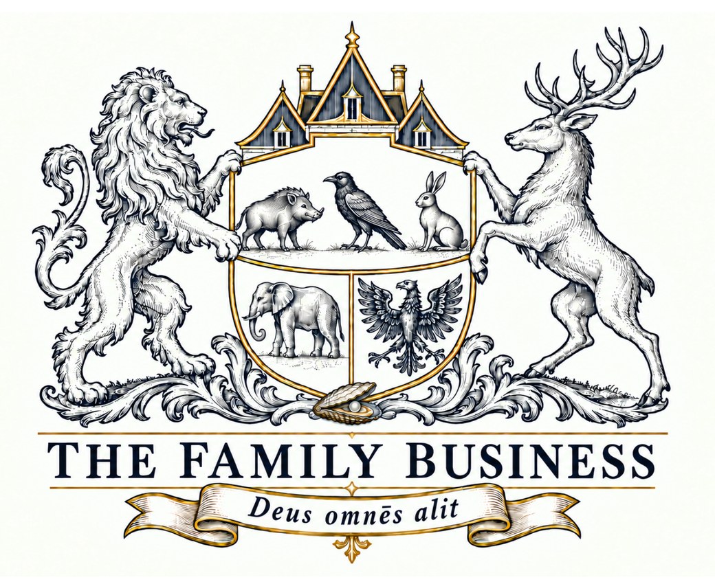 The Family Business crest: a lion and a stag supporting a shield of animals beneath a château roofline