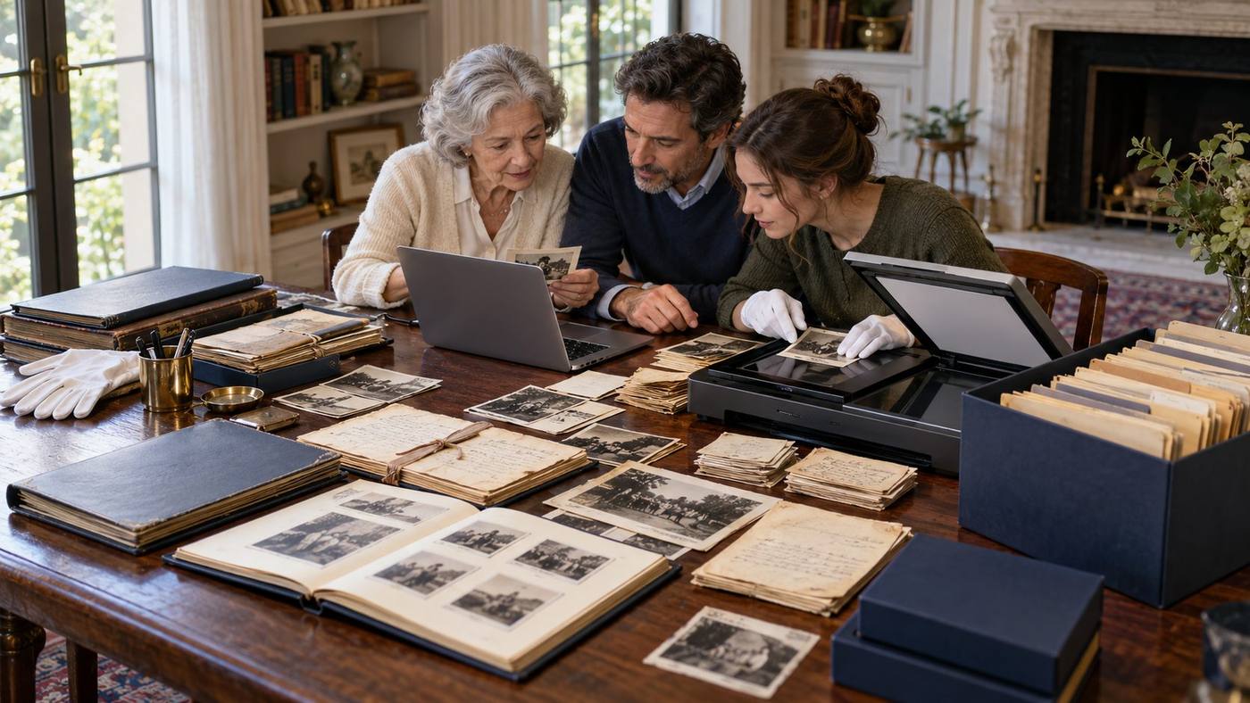 A grandmother, father and daughter sort and scan old photographs, letters and albums at a dining table