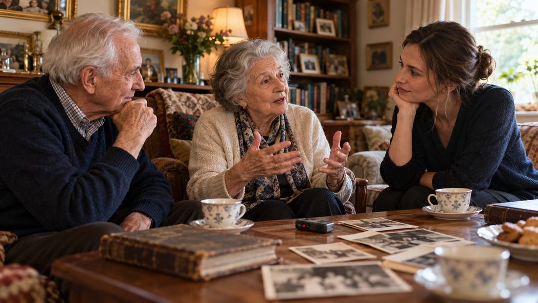 An elderly woman tells a family story while her husband and a younger woman listen, with old photographs and a voice recorder on the table