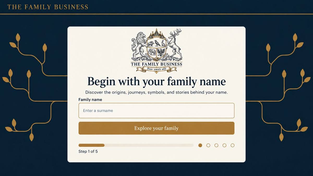 The platform’s start screen: the crest on navy with gold branches above a form that says Begin with your family name